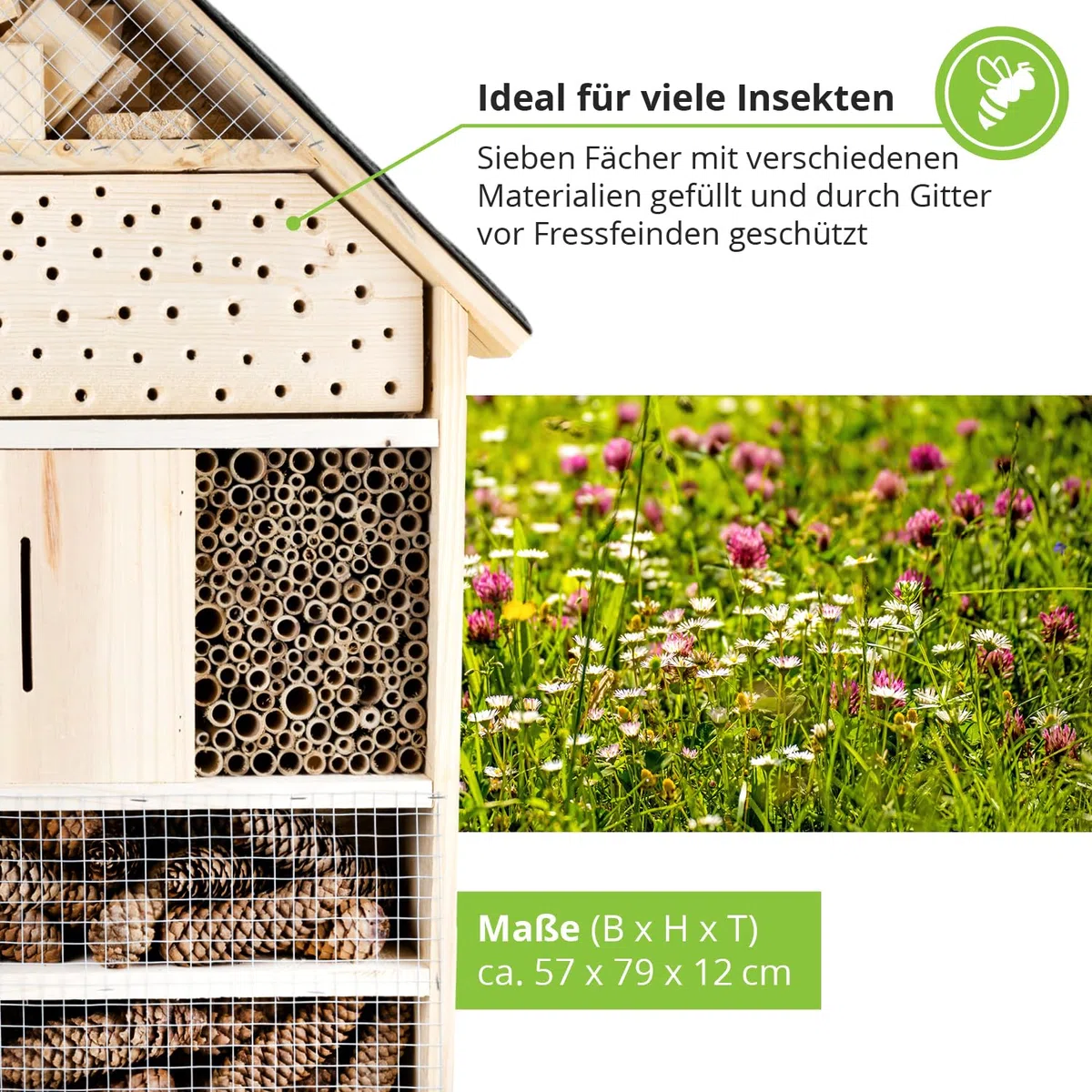 GARTENETAGE Insektenhotel XXL mit Schieferdach/Naturbelassenes, massives Insektenhaus & Bienenhotel/Insektenhotel zum Aufstellen mit Pfählen, witterungsbeständig/Marienkäferhaus, Schmetterlingshaus