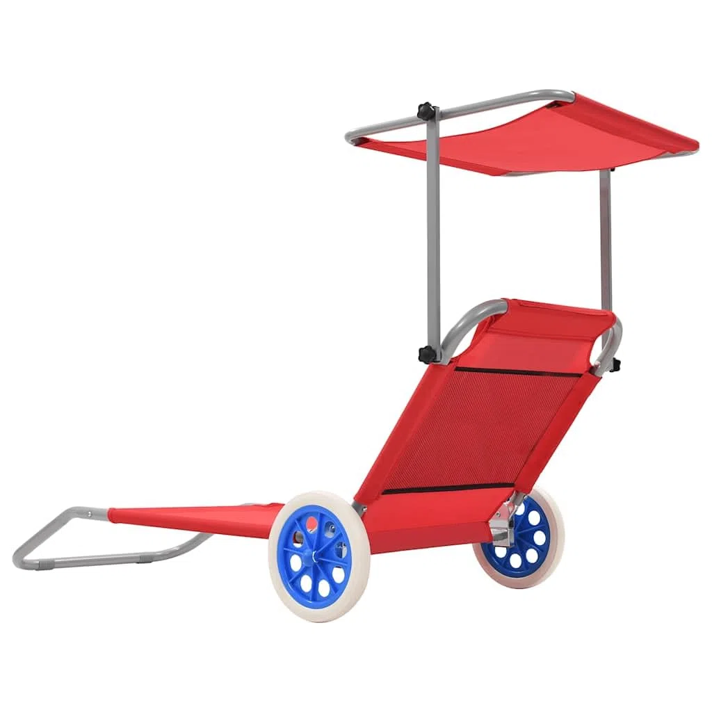 Klappbare Sonnenliege mit verstellbarem Dach, Rädern und Kopfkissen – Stahlgestell pulverbeschichtet, Polyester-Liegefläche rot, bis 110 kg belastbar, für Garten und Strand