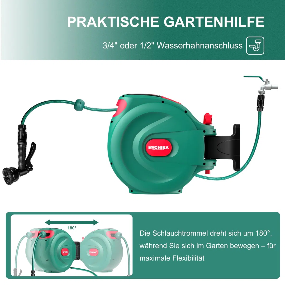 HYCHIKA Schlauchtrommel 30M - Wandmontierte Dehnbarer Gartenschlauch für den Garten, Auto Lock und Rewind, 8 Funktion Sprühpistole, 180°Schwenkbare Schlauchbox, Outdoor Bewässerung Sicher Speichern