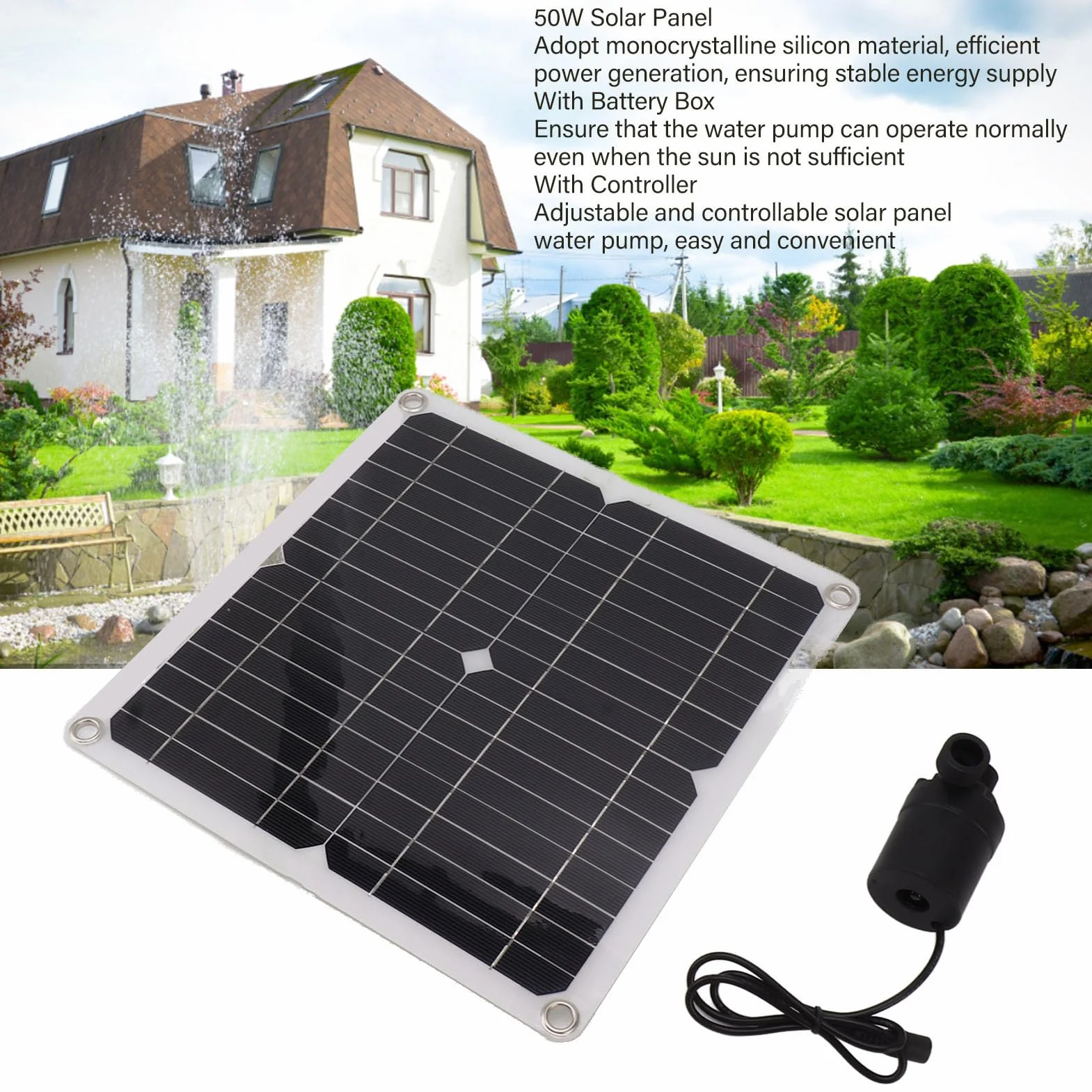 Solar-Wasserpumpen-Set mit Zeitsteuerung, Solarbetriebene Wasserpumpe, Tauchpumpe, 50 W Solarpanel für Gartendekoration, Pool, Vogelbad