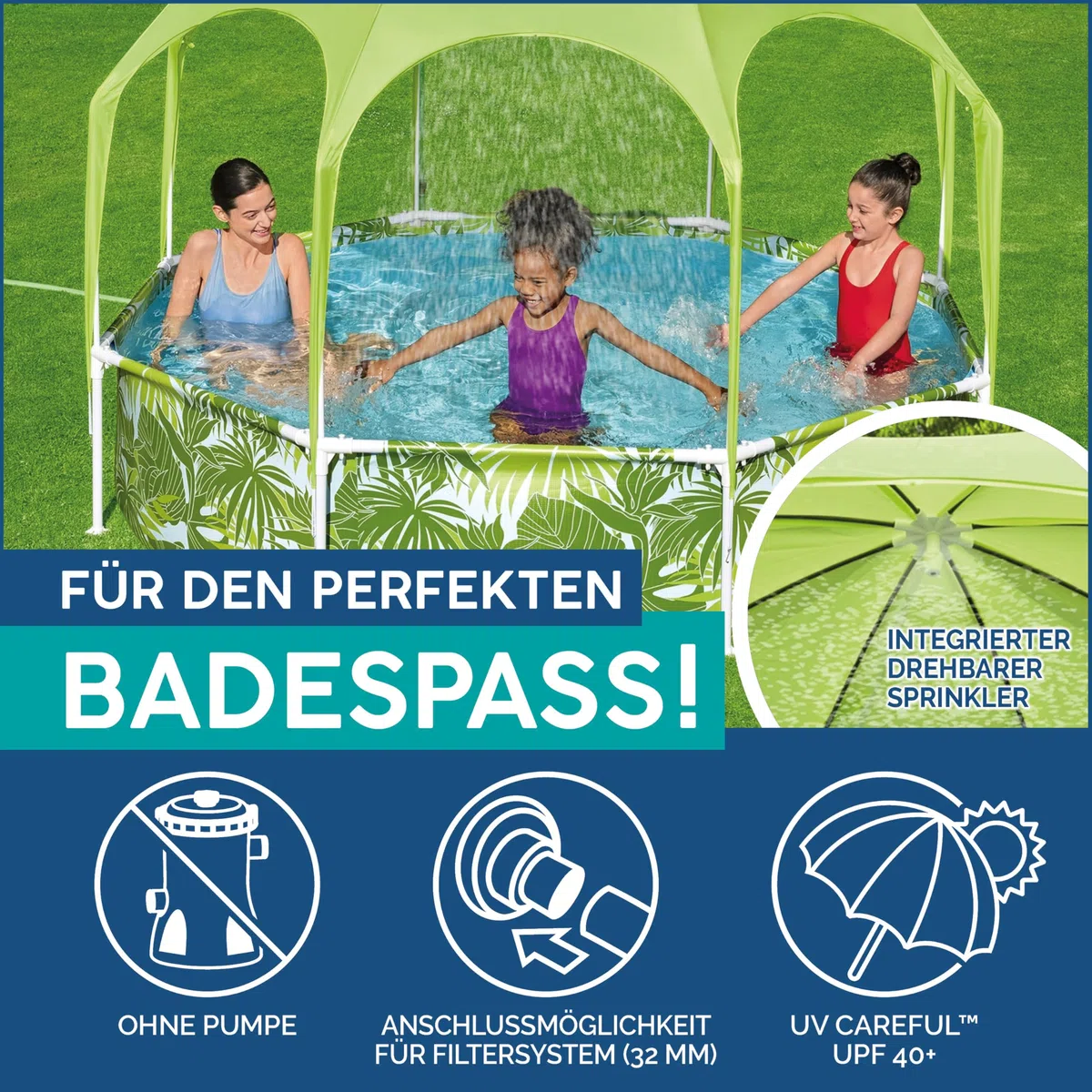 Bestway Steel Pro Frame Pool mit Sonnenschutzdach 244x51 cm – Runder Gartenpool mit Sprinkler & UV-Schutz, Aufstellpool für Kinder & Familie, Grünes Blätter-Design Sommer