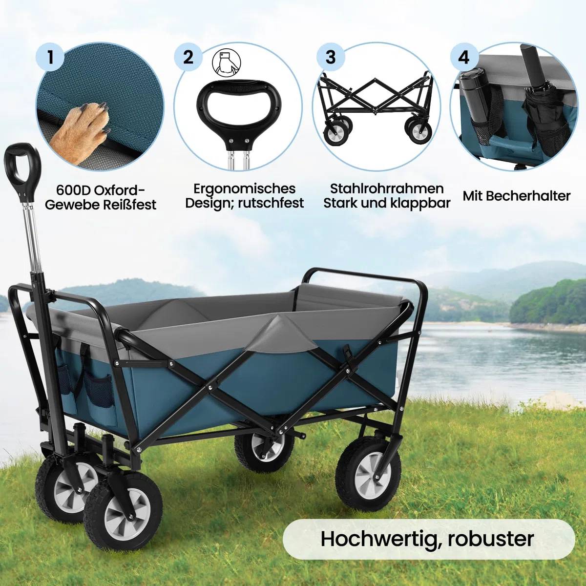 EUGAD Bollerwagen faltbar klappbar Transportkarre Handwagen mit 4 Rollen für Camping Einkaufen belastbar bis 80kg, Blau