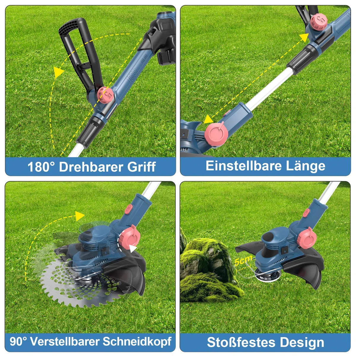 Rasentrimmer mit 21V,freischneider mit unkrautbürste,Freischneider akku | 6 Klingentypen,inkl 2×4.0Ah Akku & Ladegerät,750W Bürstenloser 2-in-1 Motor-Light Blue