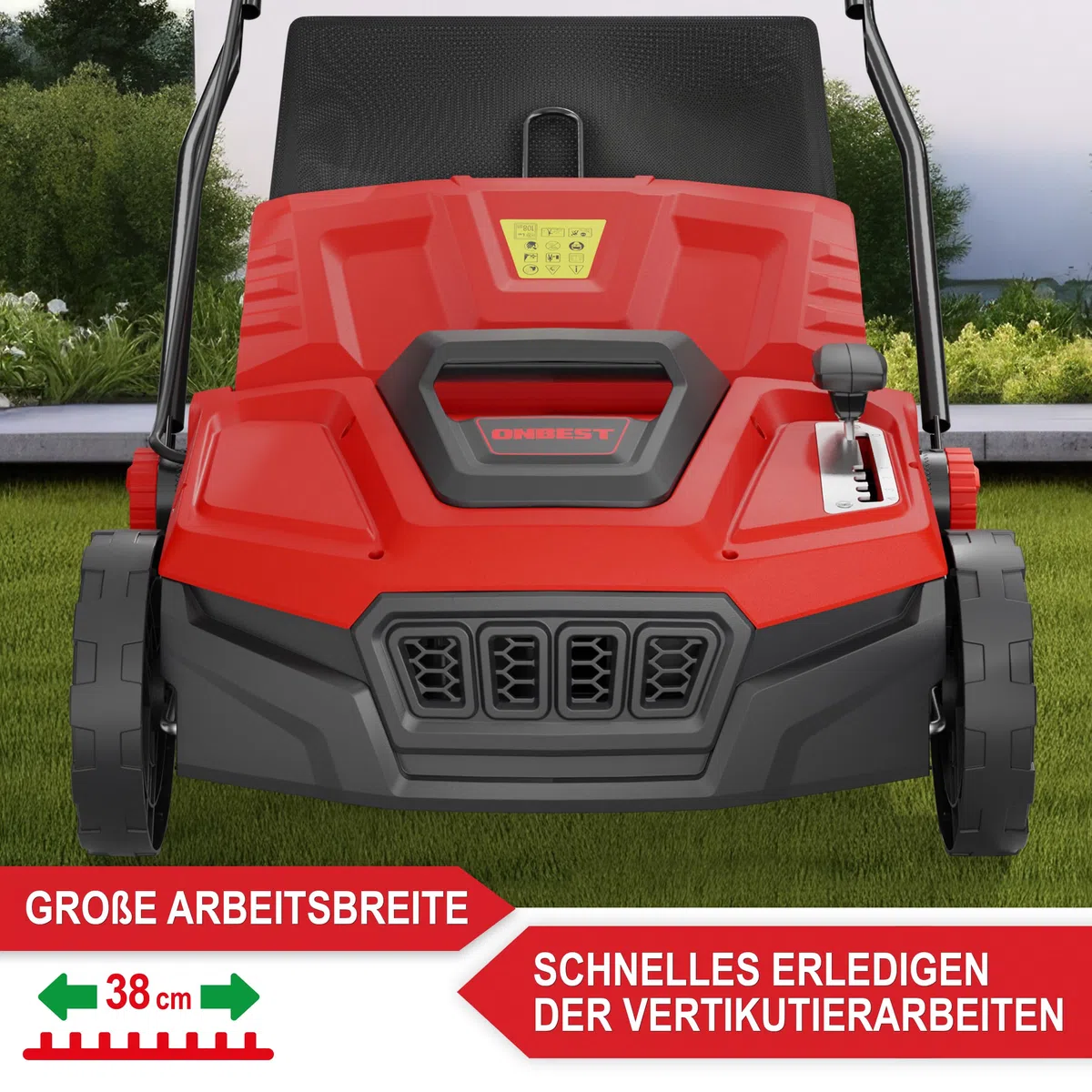 ONBEST 2in1 Elektro Vertikutierer 1800 W – 38 cm mit Fangkorb | Rasenvertikutierer mit Vertikutier- & Lüfterwalze, 45 L Fangkorb – entfernt Moos, Unkraut und Rasenfilz