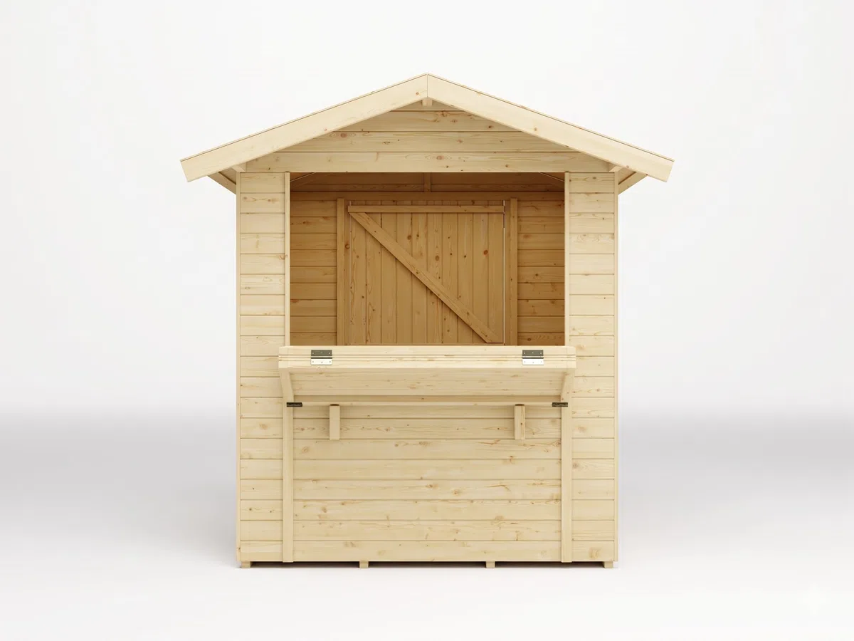 Marktstand | Verkaufsstand Holz | naturbelassen | 3 m² | Verkaufstheke | Verkaufsfenster 126x80 cm | Wandstärke 13,5 mm | Dach 15 mm | Fichte | Weihnachtsmarkt | Wochenmarkt | Festival