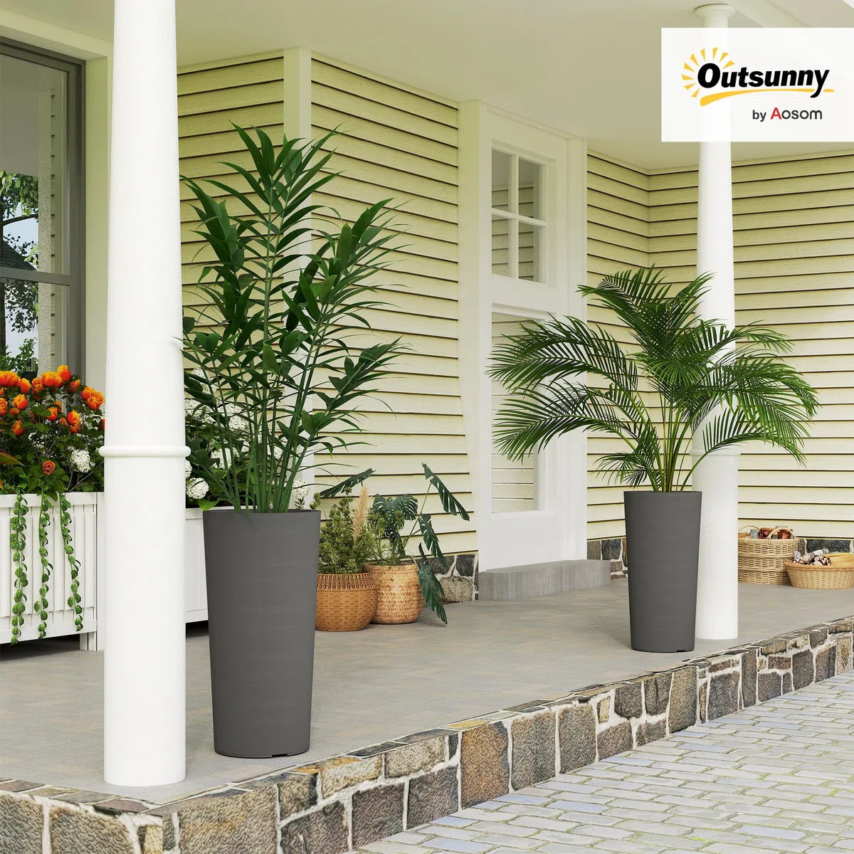 Outsunny Blumentopf Stapelbar mit Löcher 2er Set 35x35 cm Dunkelgrau | Kunststoff Pflanzkübel, Pflanztöpfe Rund, Blumenkübel, Rundtopf, für Tomaten Blumen, Pflanzentopf für Garten Balkon