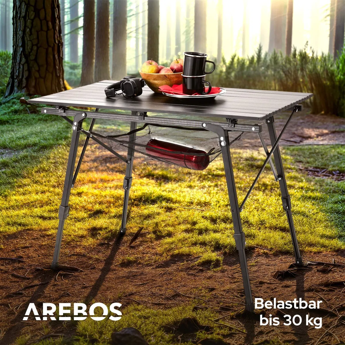 Arebos Campingtisch faltbar 90 x 51,5 cm | Klapptisch höhenverstellbar 47-69 cm | Camping Zubehör, Garten, Grill, Picknick | Camping Tisch klappbarer Falttisch | Reisetisch inkl. Tragetasche | Schwarz