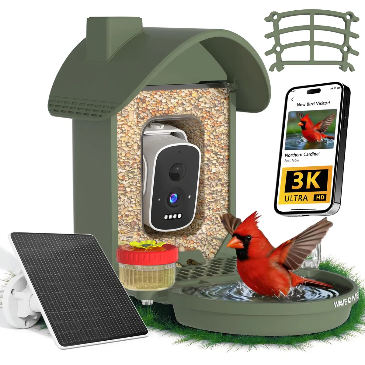 Vogelhaus mit Kamera, 3K Smart Vogelhäuschen mit KI-Vogelerkennung & Vogeltränke, Solarbetrieben Vogelbeobachtung Kamera mit Edelstahlkabel & Futter-Schutznetz, Outdoor Garten Geschenk