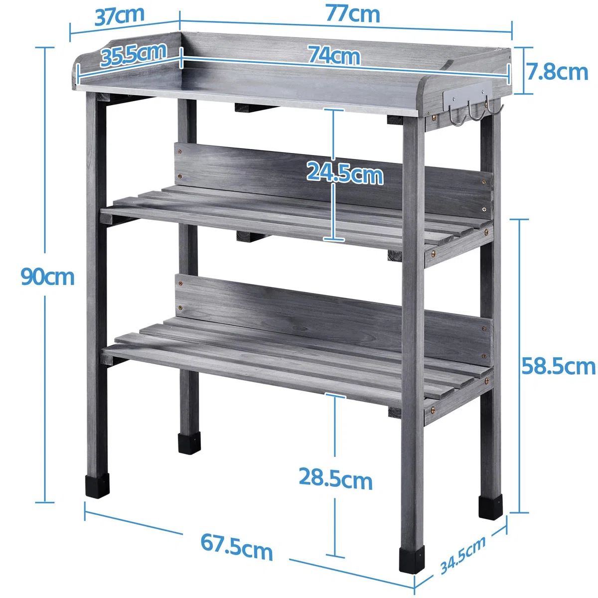Yaheetech Pflanztisch Outdoor wetterfest, Gärtnertisch 77 x 37 x 90 cm mit verzinkter Arbeitsplatte & 2 Ablagefächer & 3 Haken Blumentisch aus Tannenholz für Garten/Balkon/Terrasse Grau