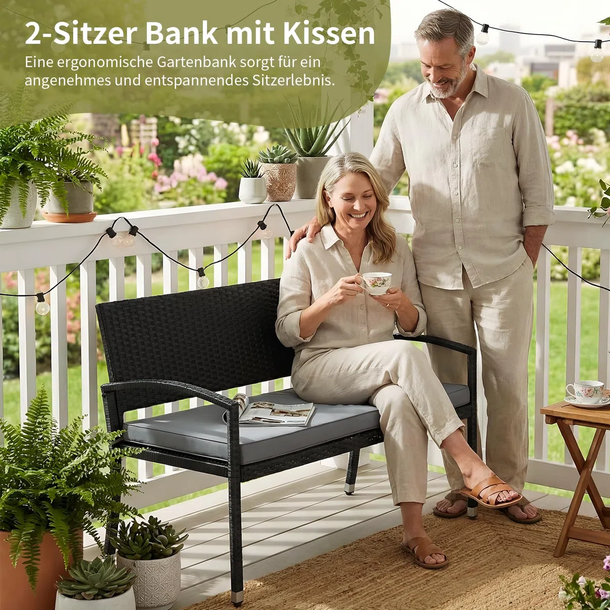 LIFERUN Gartenbank Wetterfest mit Sitzkissen, 2 Sitzer Polyrattan Sitzbank, 320kg Belastbar, Gemütliche Gartenmöbel Bank Outdoor, 122x60x90cm, Balkonbank für Kleinen Balkon, Garten, Terrasse, Schwarz
