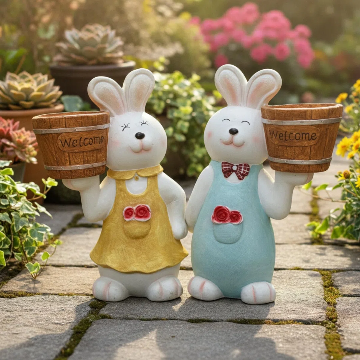 Figur mit Blumentopf groß Gartenfigur Hase mit Pflanzkübel niedlich Gartenfigur Hase für Gartenliebhaber