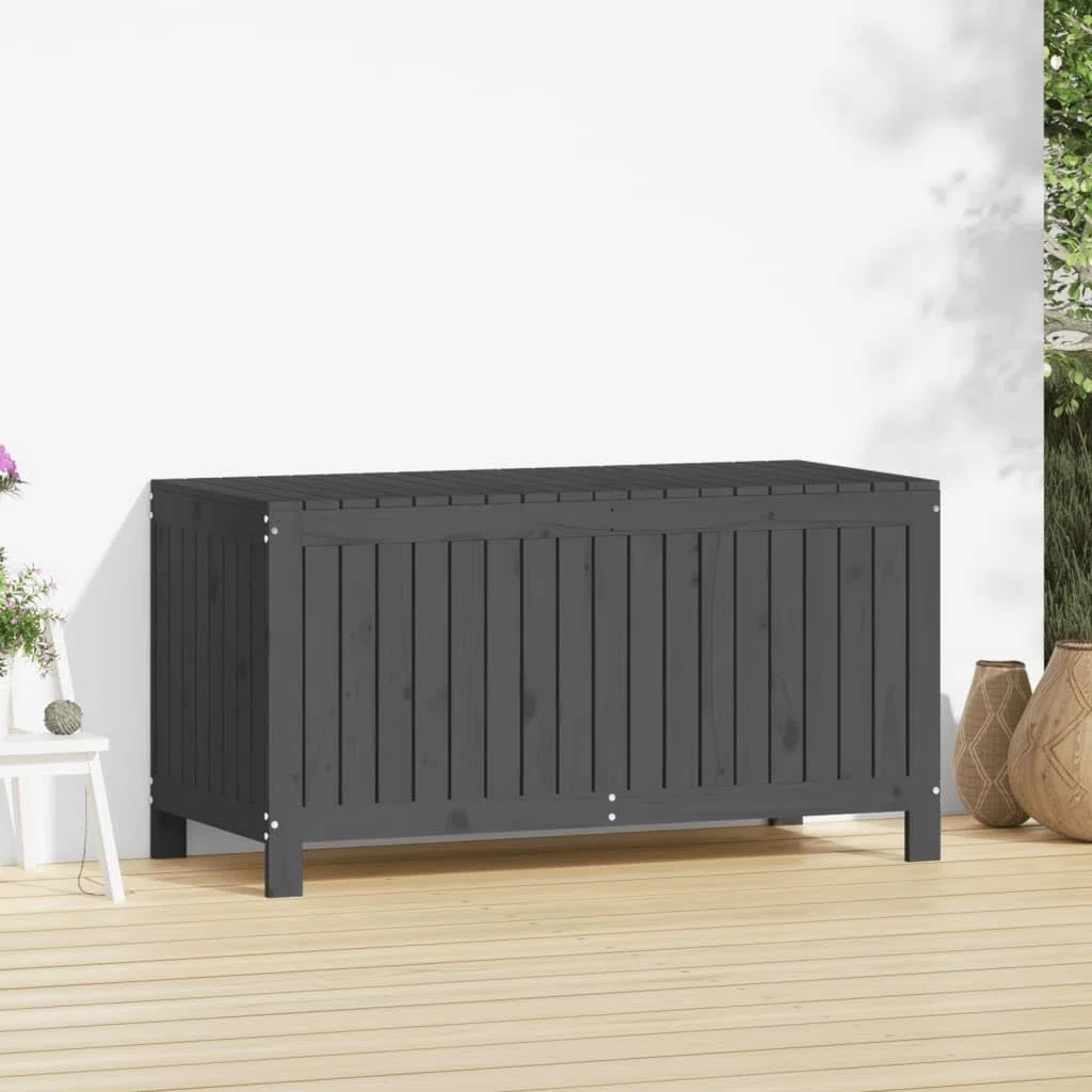 Gartentruhe aus massivem Kiefernholz Grau 121x55x64 cm mit Gasdruckfeder und Belüftungslatten, große Aufbewahrungsbox für Gartenzubehör und Haushaltsgegenstände, wetterfeste