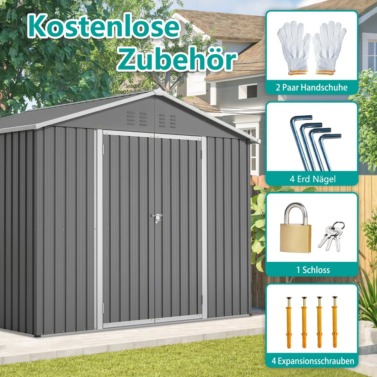 Metall Gerätehaus, Outdoor Gartenhaus mit Satteldach Belüftung,XXL | Für GartenGeräteschuppen mit Satteldach & 2 Türen, Gartenmöbel Wetterfest Wasserdicht für Terrasse, 240x192x191 cm, Grau