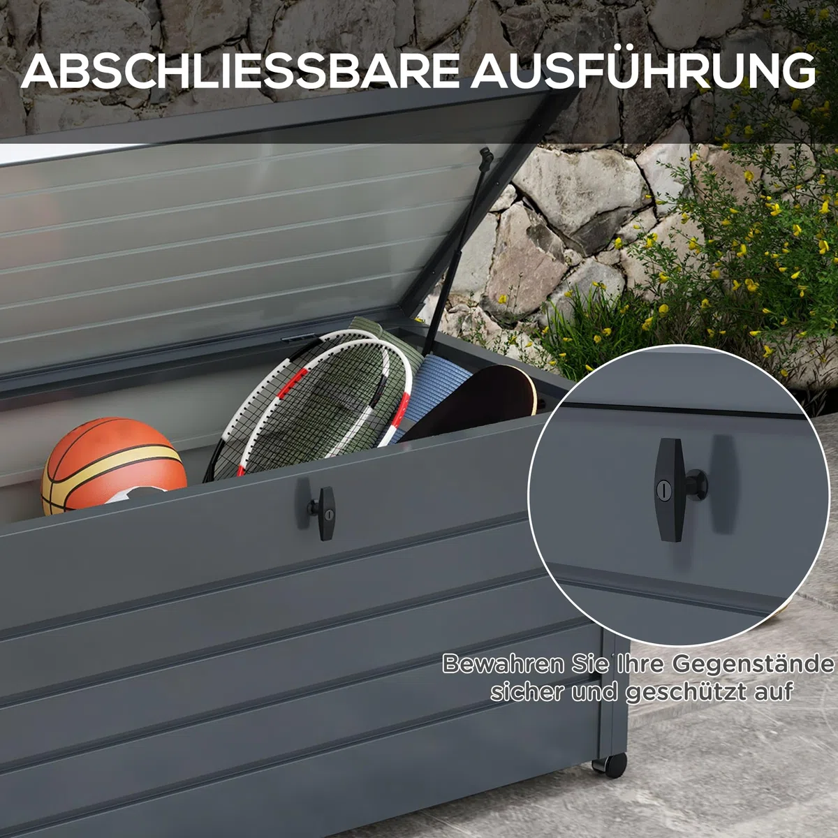 Outsunny Gartenbox Metall 311 Liter mit Griffen 120 x 62cm Dunkelgrau | Auflagenbox, Rollen, Schloss, Wasserdicht, Abschließbar, Gartentruhe, Outdoor Kissenbox, Wetterfest, für Garten Balkon