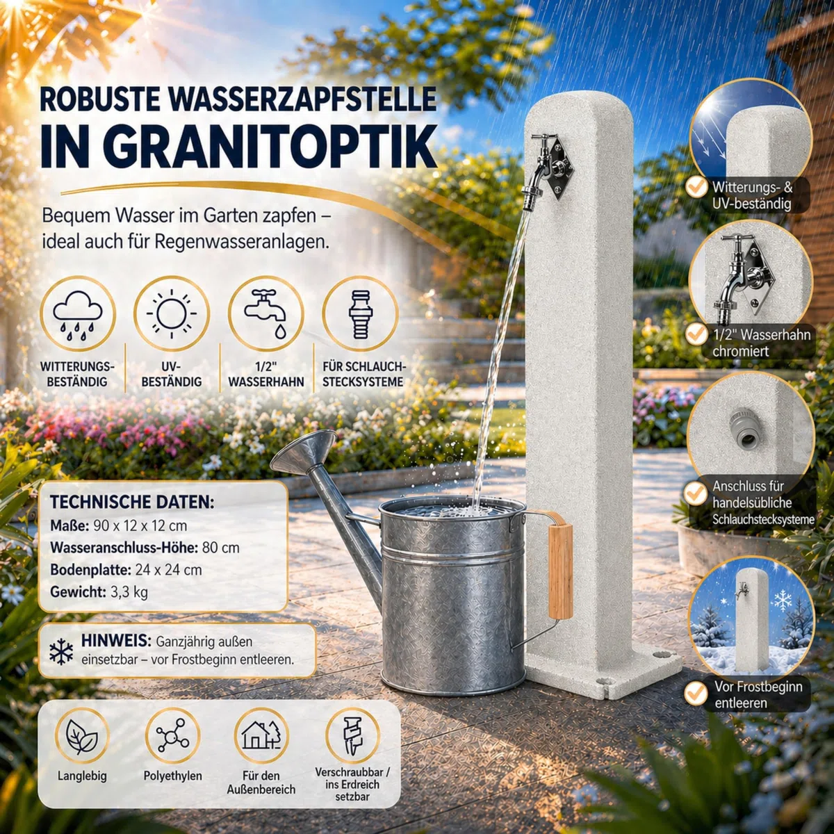 YourCasa Stoneflow Wassersäule Garten Granit-Optik | Wasserzapfsäule Poller mit Wasserhahn | 90 cm Standbrunnen Zapfstelle Außenbereich | Witterungsbeständig Frostsicher UV-stabil (Sandstein)