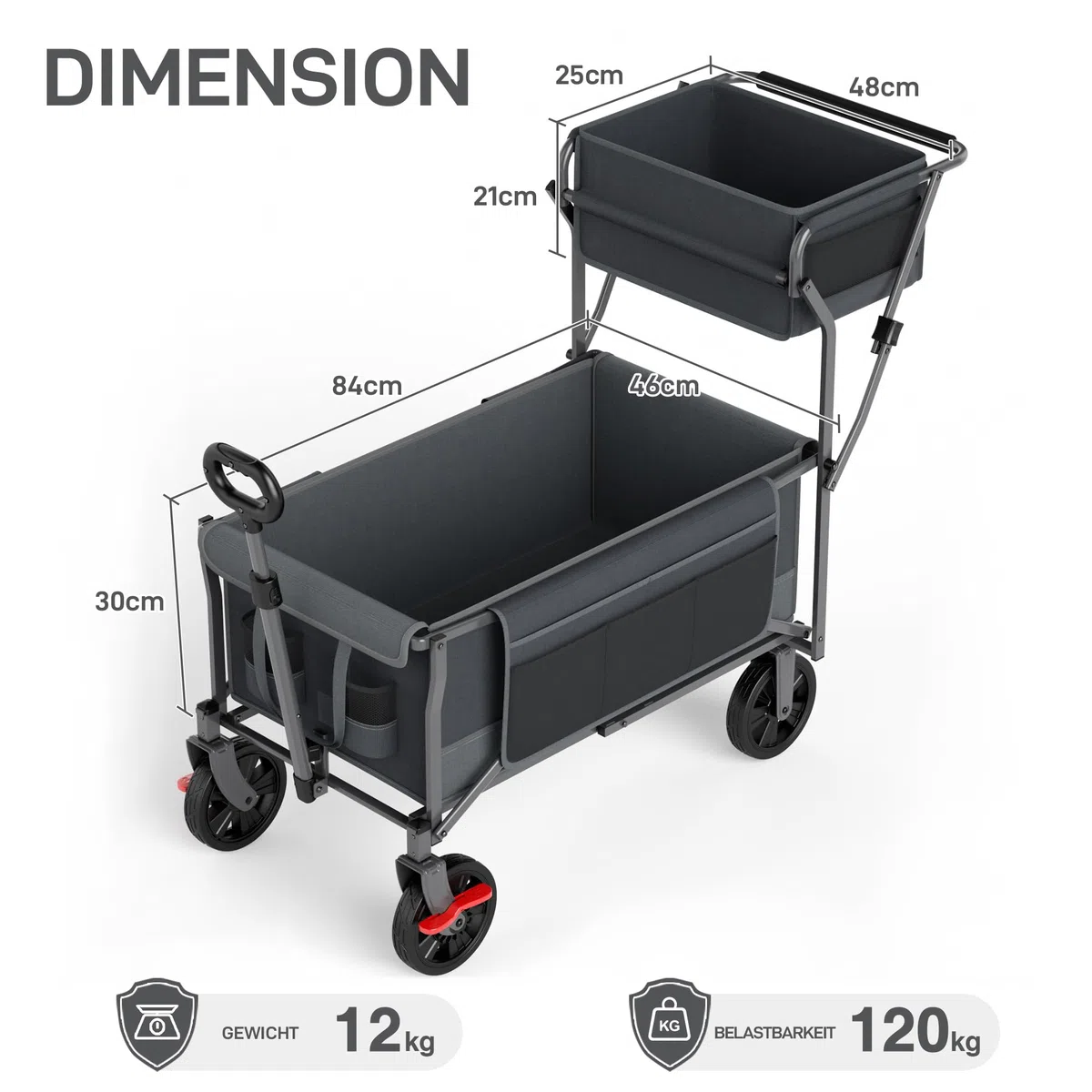 EVER ADVANCED Bollerwagen faltbar schieben&ziehen mit Bremse Einkaufskorb Getränkhalter Seitentasche Handwagen klappbar Strandwagen bis 120kg Faltwagen Transportwagen für Camping