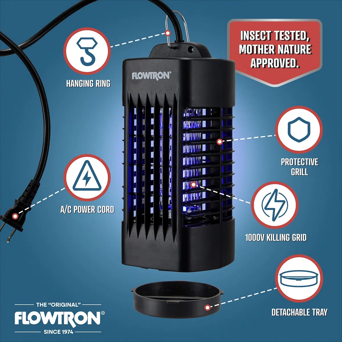 Flowtron Insektenvernichter für den Innenbereich, UV, 1000 V, 160 m², Schwarz | Passend für Küchen, Schlafzimmer und Büros, die einen stabilen Schutz benötigen – einfach in jede Steckdose stecken