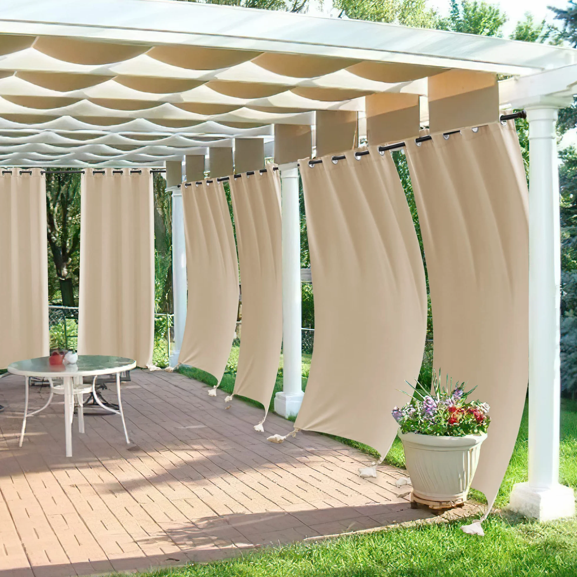 PONY DANCE Outdoorvorhänge mit Ösen und Gewichteten Säcken Outdoor Vorhang Wetterfest Sonnenschutz Gardinen für Pavillon & Terrasse 2er Set H 243 x B 132 cm, Biscotti Beige