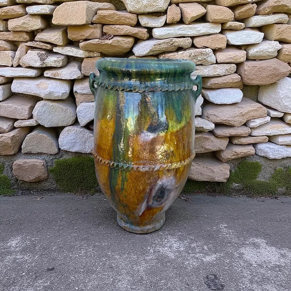 Marokkanische Vase Tamegroute, Amphore, handgefertigt, aus Keramik, Grün und Ocker, 38 x 38 x 62 cm