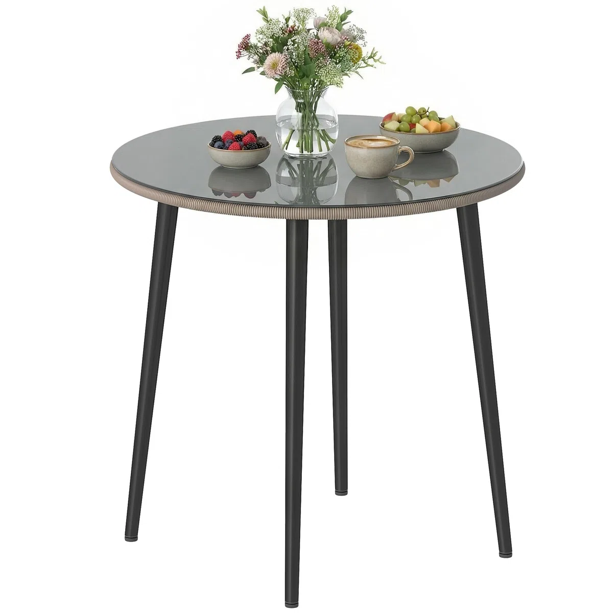 Outsunny Gartentisch Stahl 80 x 80 x 74 cm Buffettisch 4 Personen Grau | Mit Stahlrahmen, PE-Rattan-Rand, Verstellbaren Füßen, Campingtisch, Balkontisch, Outdoor Esstisch, Garten, Terrasse, Balkon