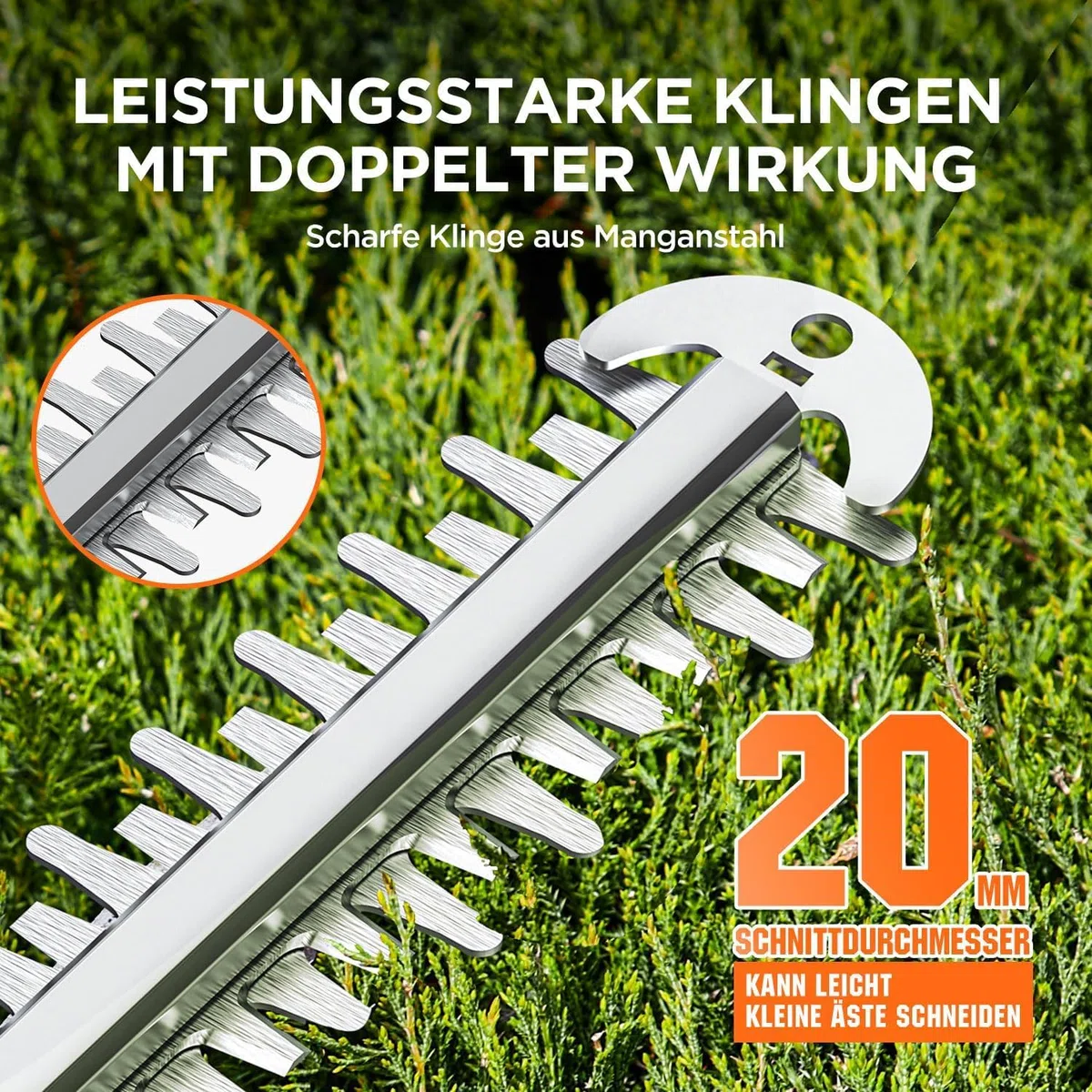 Litheli Heckenschere Akku, mit einem 2,0 Ah Akku, 51 cm Schnittlänge, Anschlagschutz, ergonomischer Griff, für Sträucherschneiden Gartenpflege, Hedge Trimmer