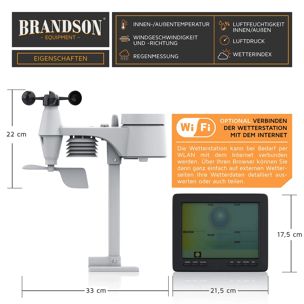 Brandson - Wetterstation Wlan mit Außensensor 5 in 1 – Funk - Wetterdaten per App WiFi - Wettervorhersage - Innen und Außentemperatur – Windmesser und Regensensor - Windrichtung - LCD Farbdispay