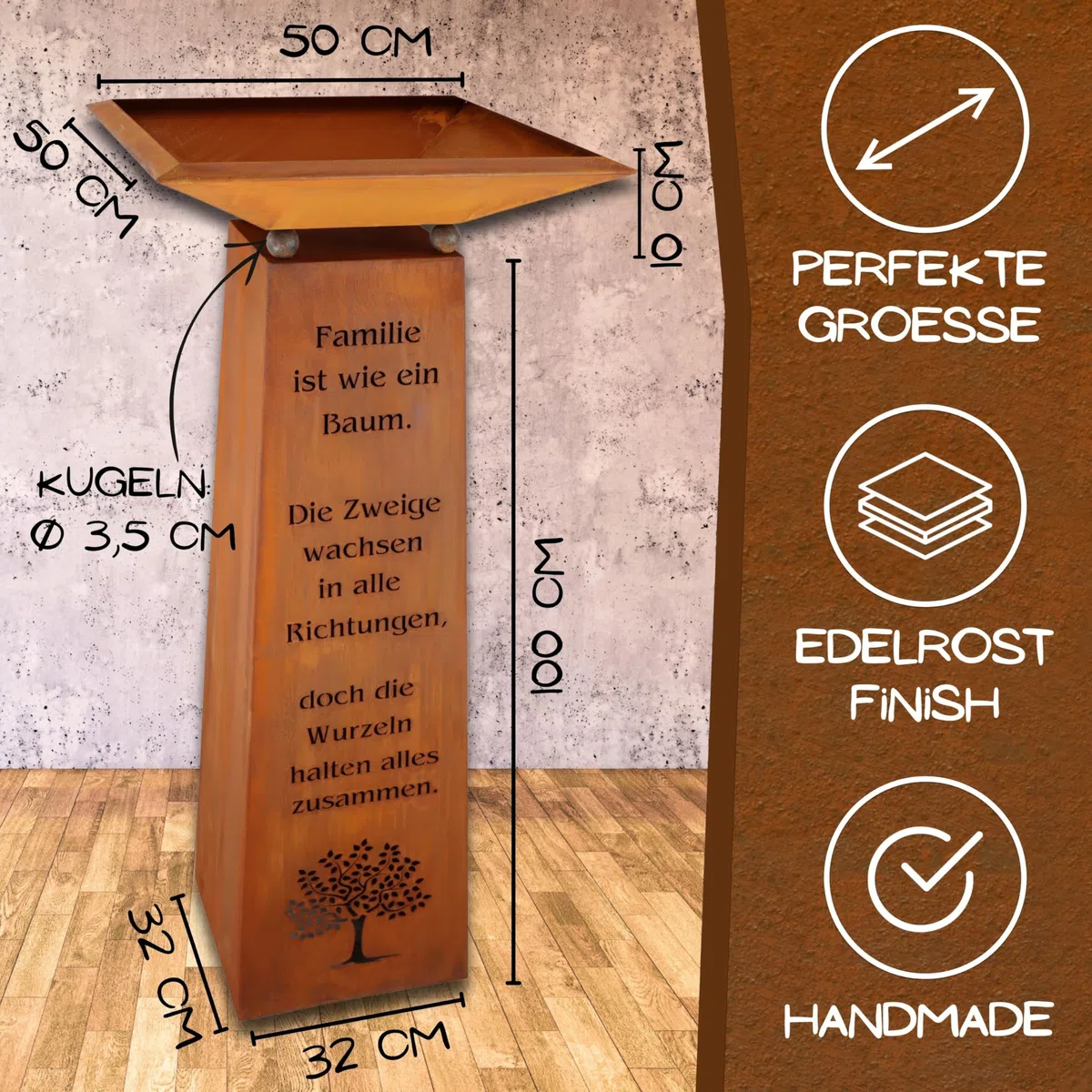 Rostikal Edelrost Gartendeko Säule 1,15 m Familien Spruch mit Dekoschale Rost Wohndeko (Schale 50 x 50 cm)