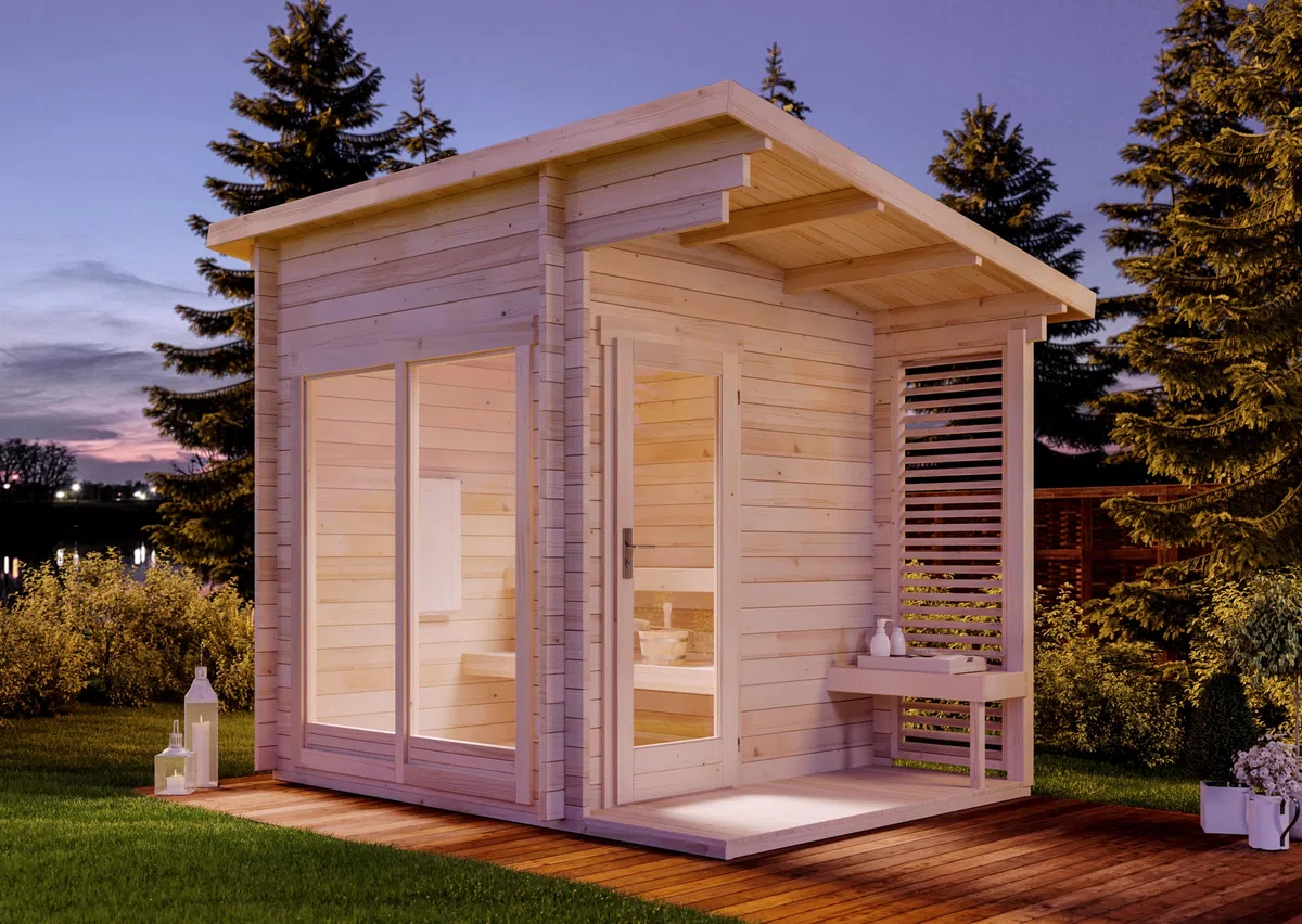 Gartensauna Außensauna Saunahaus Lizzy S 2 Sitzbänke aus Holz Wandstärke 40 mm