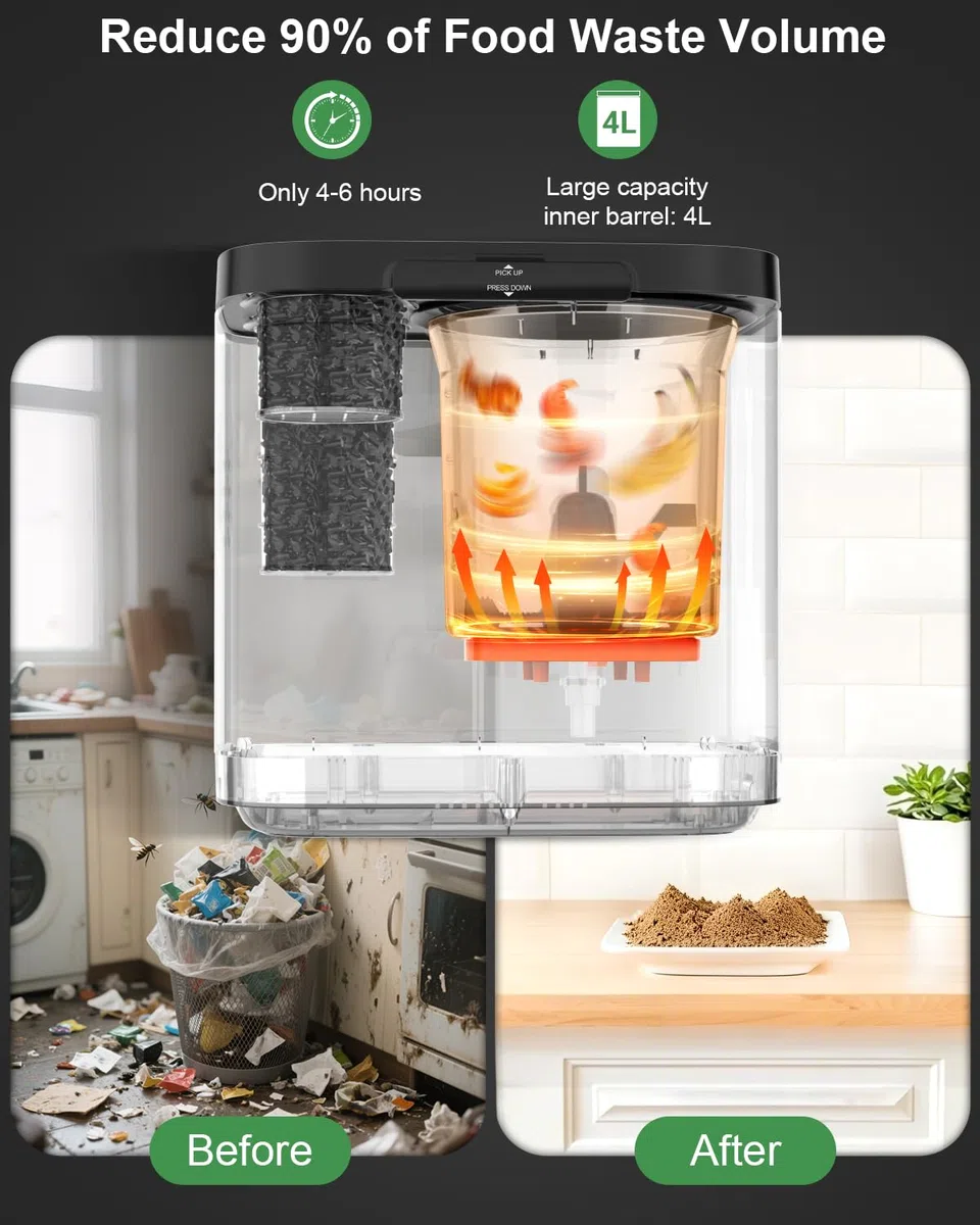 Growell Elektrischer Komposter für die Küche, 4 l, geruchloser Komposteimer für den Innenbereich, mit 2 Kohlefiltern, Auto-Reinigung, großes LED-Display, sichtbares Fenster, intelligente Arbeitsplatte