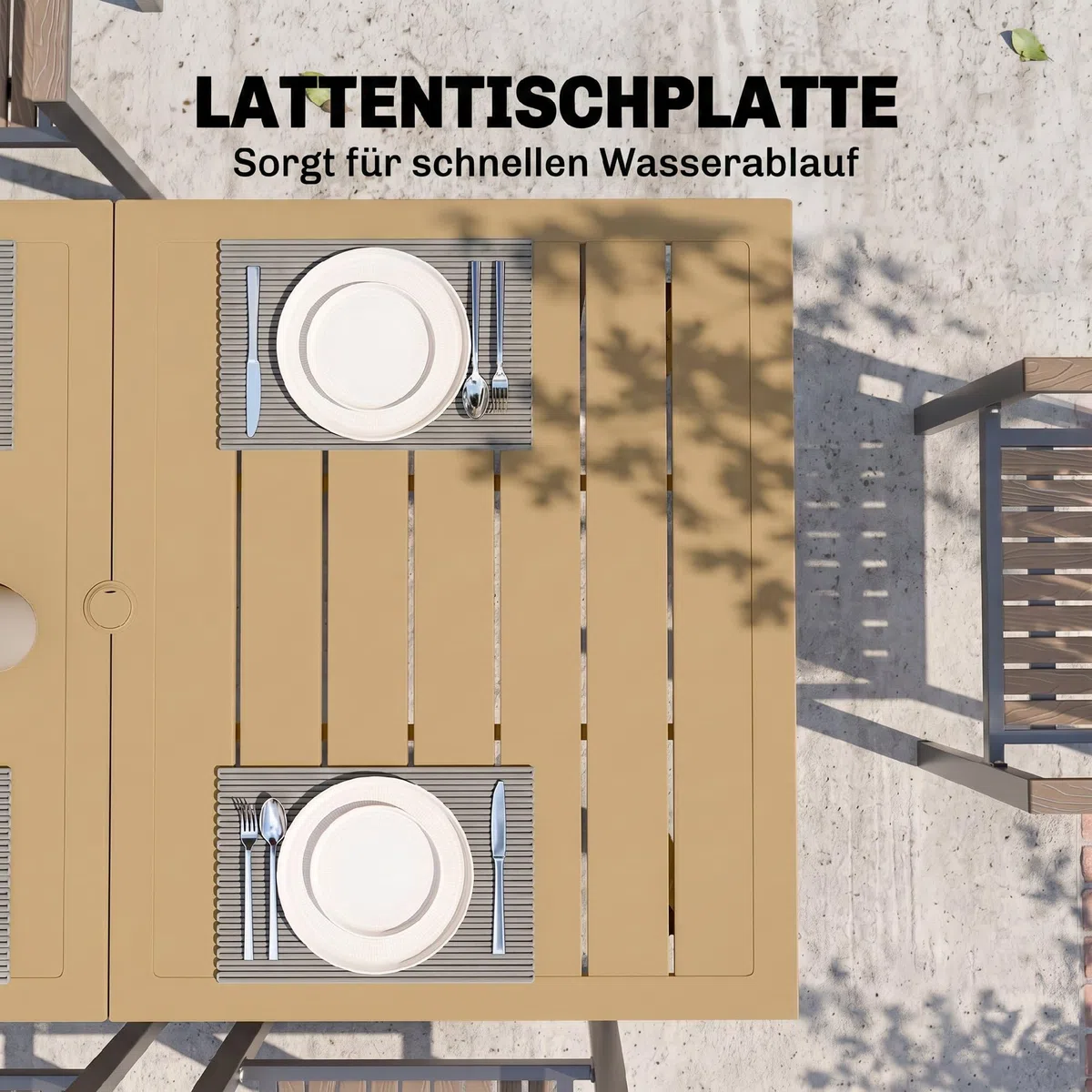 Outsunny Gartentisch 150x90cm Wetterfest Balkontisch mit Schirmloch Braun | Aus Stahl, Lamellendesign, Outdoor Campingtisch, Beistelltisch, Rechteckig, Terrassentisch für Garten Balkon