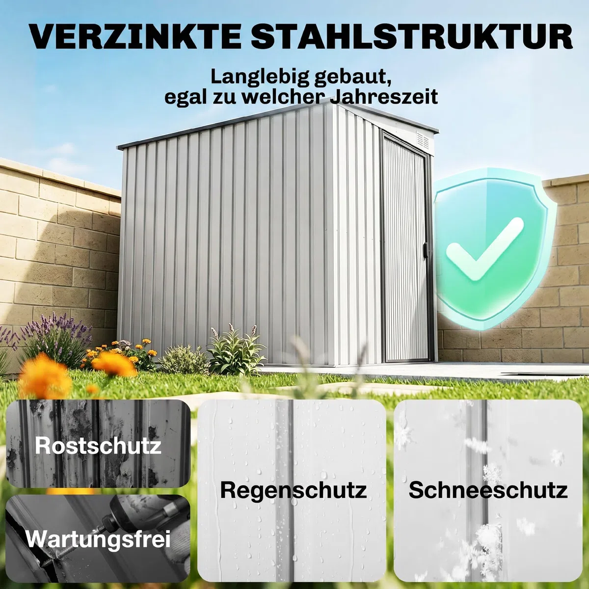 Outsunny Metall Gerätehaus 2,81m² 154x206,5x181 cm Wetterfestes Gartenhaus mit Pultdach und Fundament, Geräteschuppen mit Schiebetür, Weiß