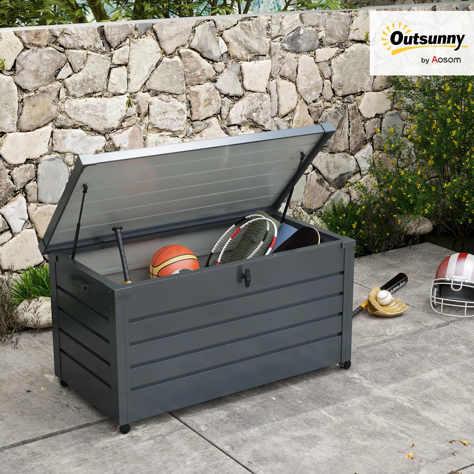 Outsunny Gartenbox Metall 311 Liter mit Griffen 120 x 62cm Dunkelgrau | Auflagenbox, Rollen, Schloss, Wasserdicht, Abschließbar, Gartentruhe, Outdoor Kissenbox, Wetterfest, für Garten Balkon