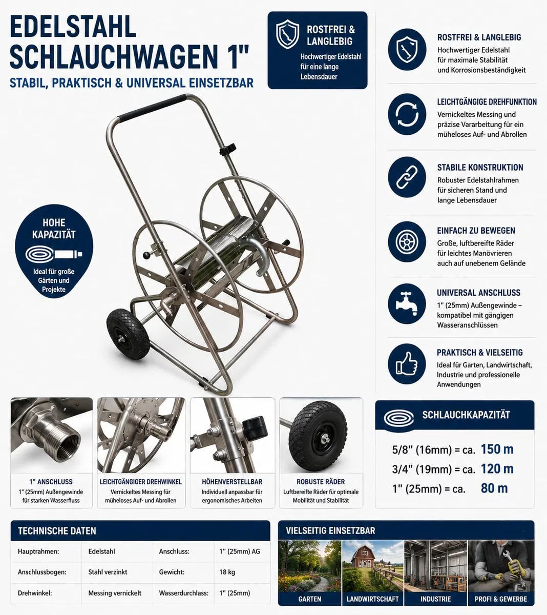 Sirocco Siro Edelstahl Schlauchwagen, 1" Anschluss, Gartenschlauchwagen, Edelstahl/verzinkter Stahl/vernickeltes Messing, 150m Schlauchkapazität, für Garten und Landwirtschaft