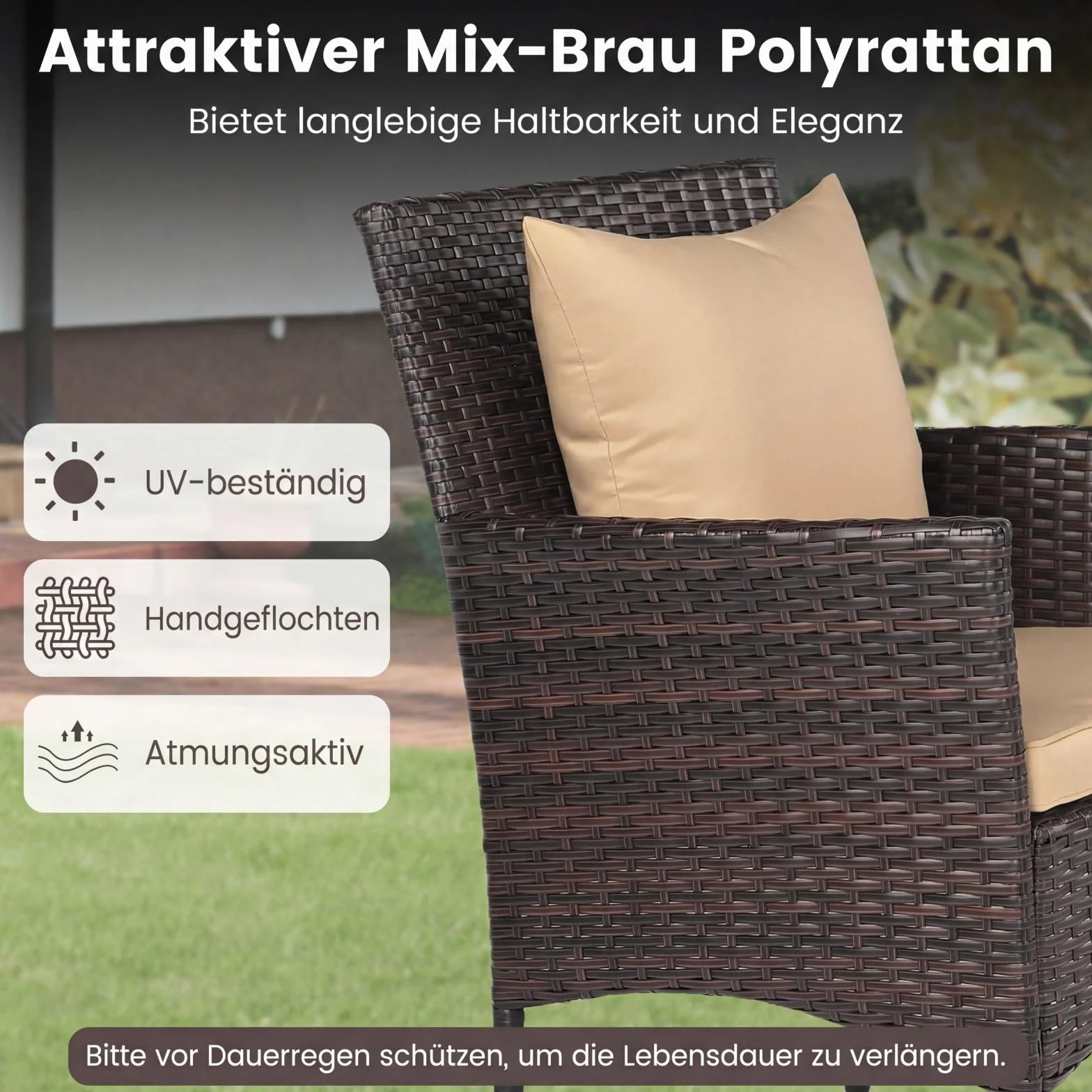 COSTWAY Rattan Gartenmöbel Set, Balkonmöbel Kleiner Balkon, Balkon Möbel mit 2 Sessel, Glastisch und Kissen, Gartenlounge 2 Personen, Sitzgruppe für Garten, Veranda, Poolbereich (Mix Braun+Beige)