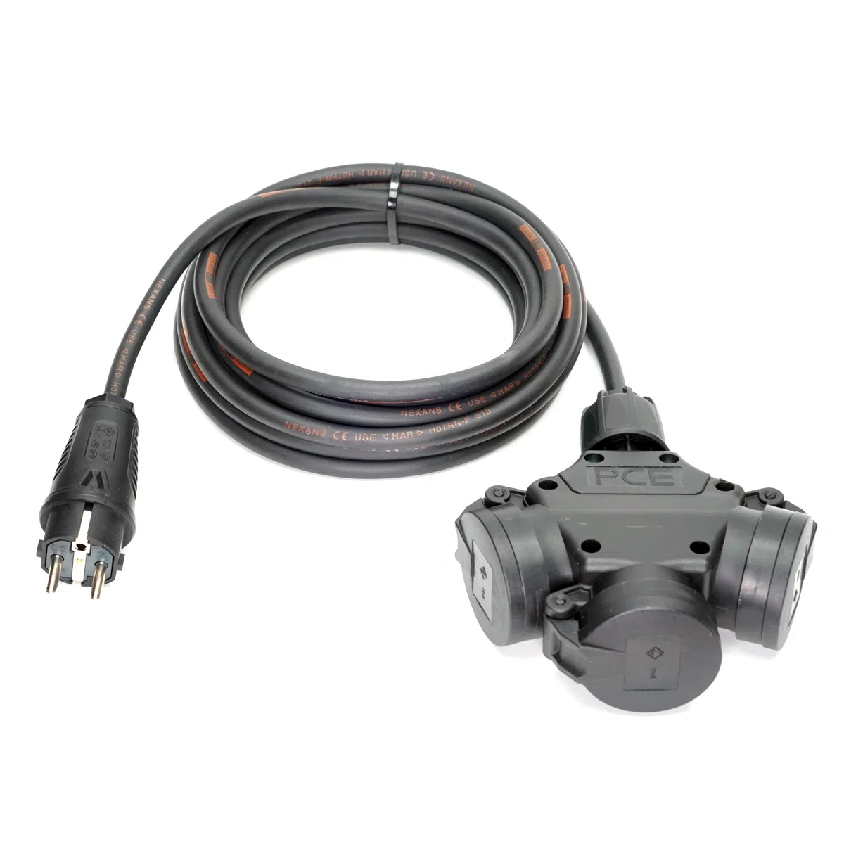 Schuko-Verteilung 3-Fach (1,5m-50m) 16A Verlängerungskabel Titanex H07RN-F 3x2,5mm² mit PCE Stecker und 3er-Klappdeckel-Kupplung, Business-Line von Event-Kabel (5 Meter)