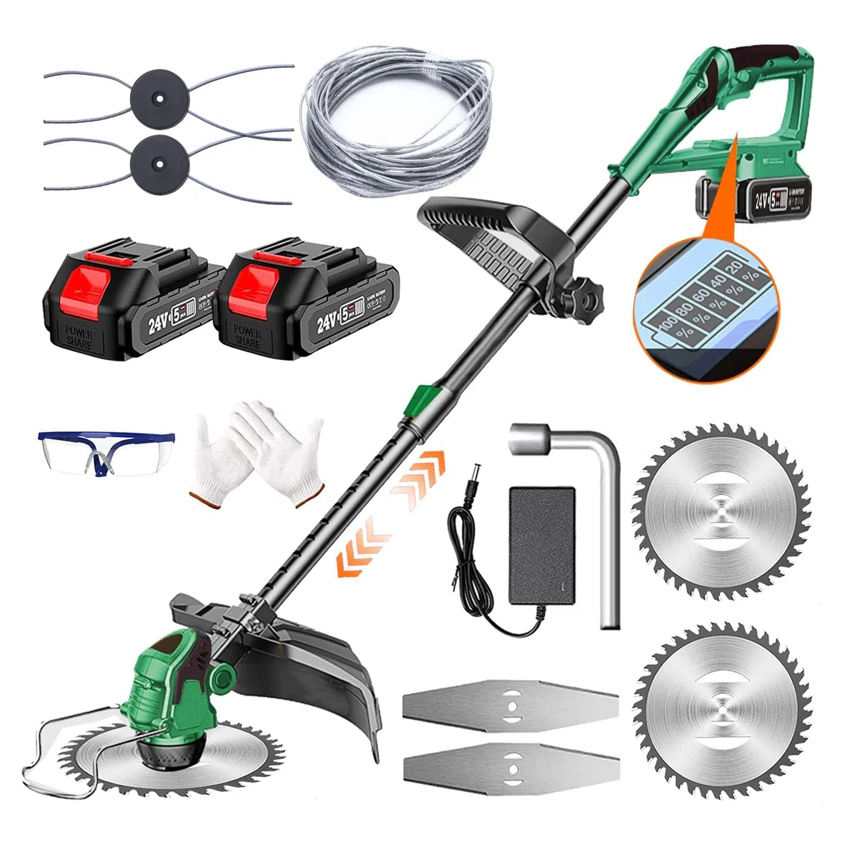 Akku Rasentrimmer mit Akku 24V Akku Freischneider 3 in 1 Elektro Rasentrimmer mit 2X2.0Ah Akku & Ladegerät, Multitool Rasentrimmer mit Messer 90-120cm Teleskop Rasenkantenschneider,Green