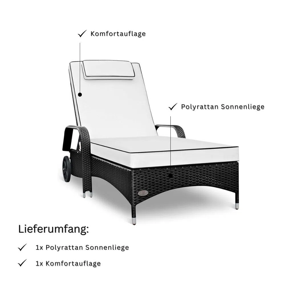 RS Trade Sonnenliege Gartenliege Wetterfest Rattan – XXL Relaxliege extra breit mit Rollen & Armlehnen, Verstellbar, bis 200kg, Outdoor Liege für Garten, Terrasse & Balkon, schwarz mit weißer Auflage