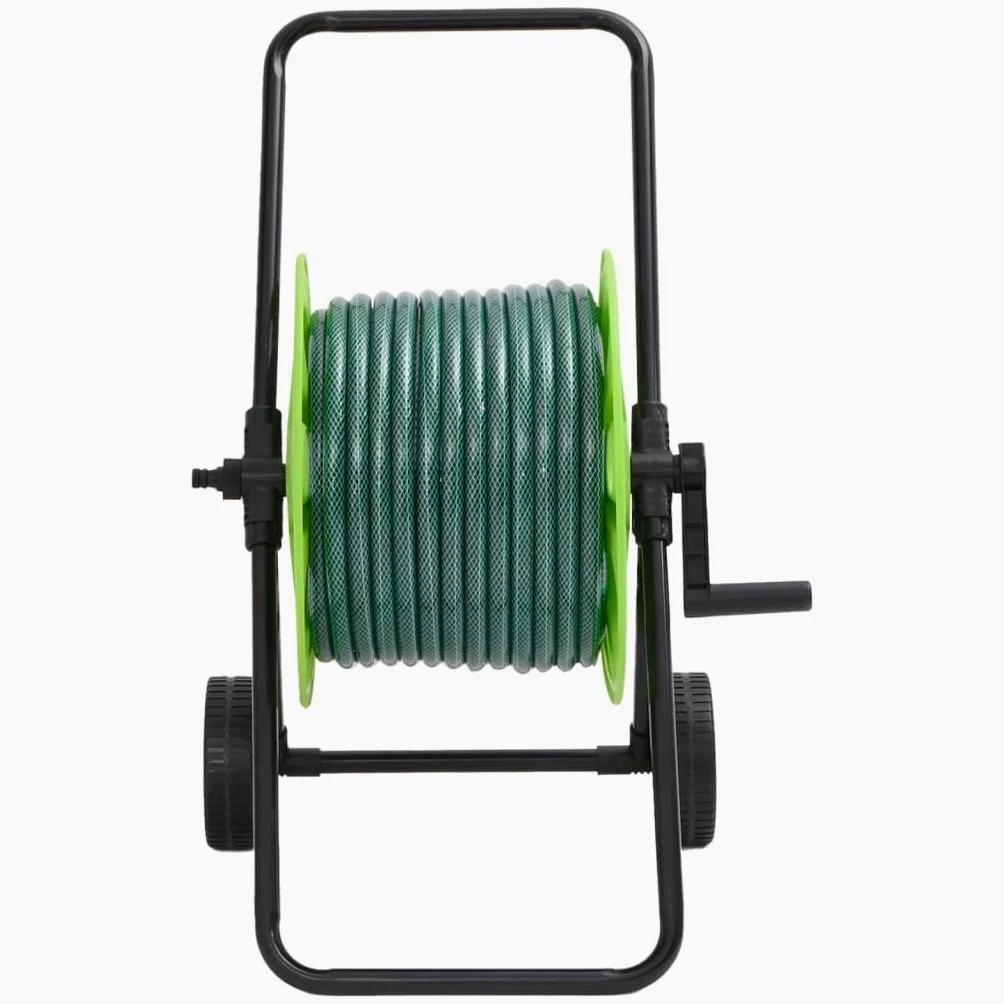Schlauchwagen mit 30 m PVC Gartenschlauch Grün, verzinkte Stahlkonstruktion mit Rädern, 4-teiliges Anschluss-Set, knickfester Wasserschlauch für Gartenbewässerung und Reinigung