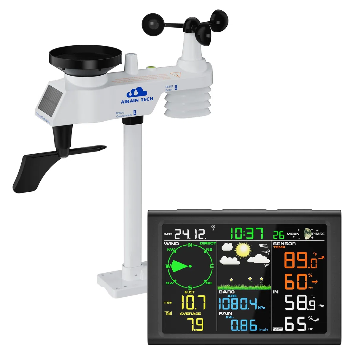 10-in-1 kabellose Wetterstation mit kabellosem Außensensor, Funkuhr, Regenmesser, Windgeschwindigkeit/Richtung, Mondphase, Barometer, Thermometer/Hygrometer, Wettervorhersage (kein WLAN)