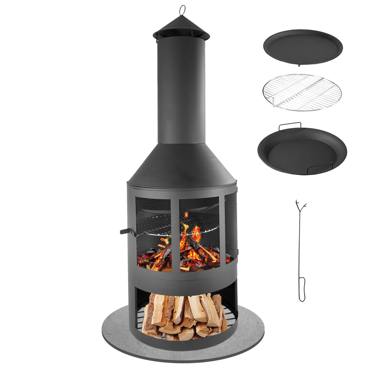 LEMODO Gartenkamin, Grillkamin mit Funkenschutztür, Terrassenofen mit Holzablage, Grillrost, Pfanne, Outdoor Gartenofen, Feuerstelle für Terrasse, Holzofen Wärmequelle für den Außenbereich