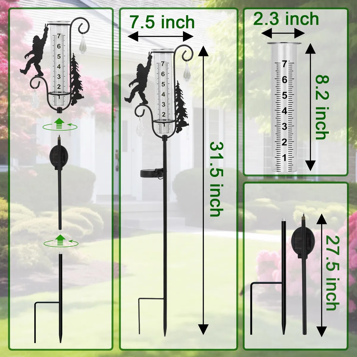 Regenmesser für den Außenbereich, Metall, schwarz, Sasquatch-Solar-Lichtpfahl mit Regenmessern, dekorativ, Garten, Rasen, Hof, Dekoration, 17,8 cm Glasrohr, Geschenke für Wetterbegeisterte